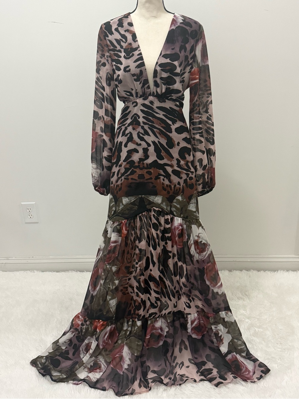 V-Neck Floral Leopard Print Maxi Dress in Blush and Black